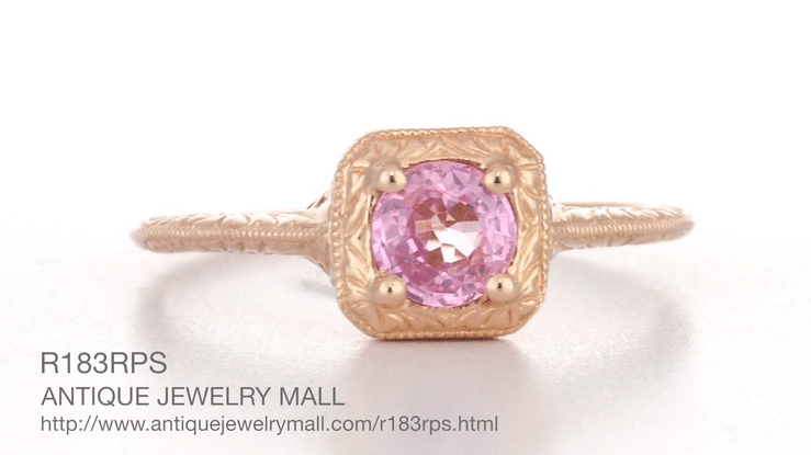 Art Deco Filigree Scrolls Engraved Pink Sapphire Engagement Ring in 14 Karat Rose Gold - Item: R183RPS - Image: 6