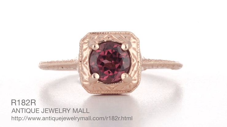 Rhodolite Garnet Filigree Scrolls Engraved Engagement Ring in 14 Karat Rose ( Pink ) Gold - Item: R182R - Image: 6