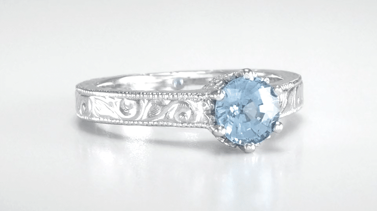 Art Deco Sterling Silver Antique Sky Blue Topaz Crown Promise Ring - Filigree Scroll Engraved - Item: SSR199BT - Image: 7