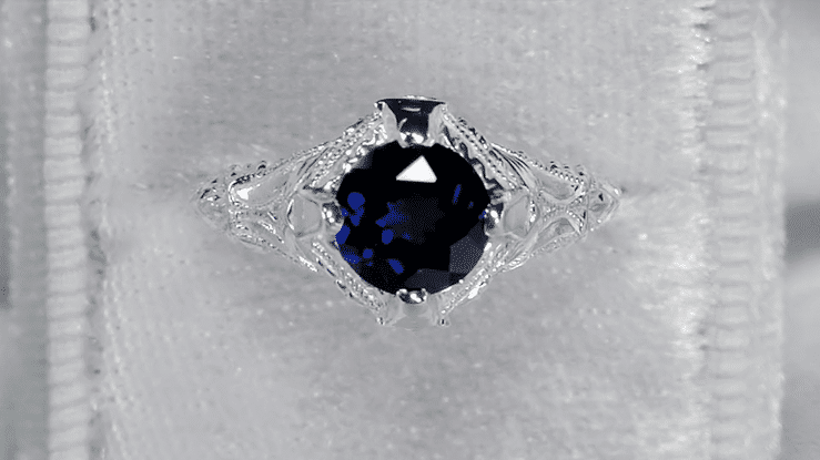 Art Deco Blue Sapphire Promise Ring with Engraved Filigree in Sterling Silver - Item: SSR161S - Image: 5