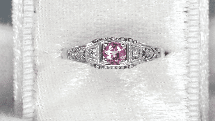 Art Deco Pink Sapphire and Diamonds Filigree Promise Ring in Sterling Silver - Item: SSR228PS - Image: 4