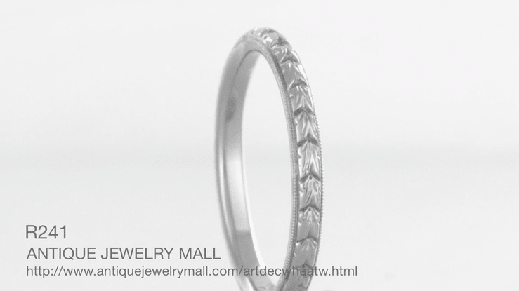 Art Deco Thin Hand Engraved Wheat Wedding Band in White Gold - 2mm - Item: R241 - Image: 2
