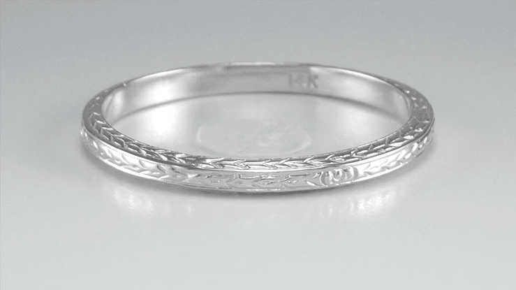 Art Deco White Gold Thin Wheat Pattern Wedding Band with Engraving on Three Sides - 2.3mm Wide Antique Ring Replica - Item: MWR109W10 - Image: 3