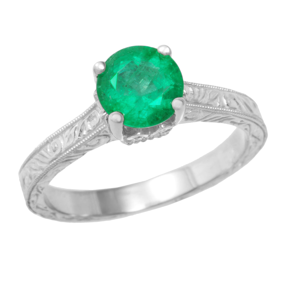Crown Scrolls Filigree Art Deco 1 Carat Emerald Solitaire Engagement Ring in 18 Karat White Gold