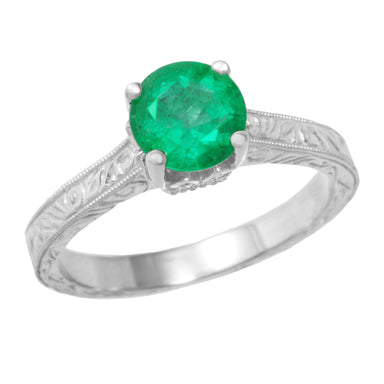 Crown Scrolls Filigree Art Deco 1 Carat Emerald Solitaire Engagement Ring in 18 Karat White Gold