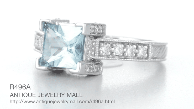 Art Deco 1 Carat Princess Cut Aquamarine and Diamond Engagement Ring in 18 Karat White Gold - Item: R496A - Image: 8
