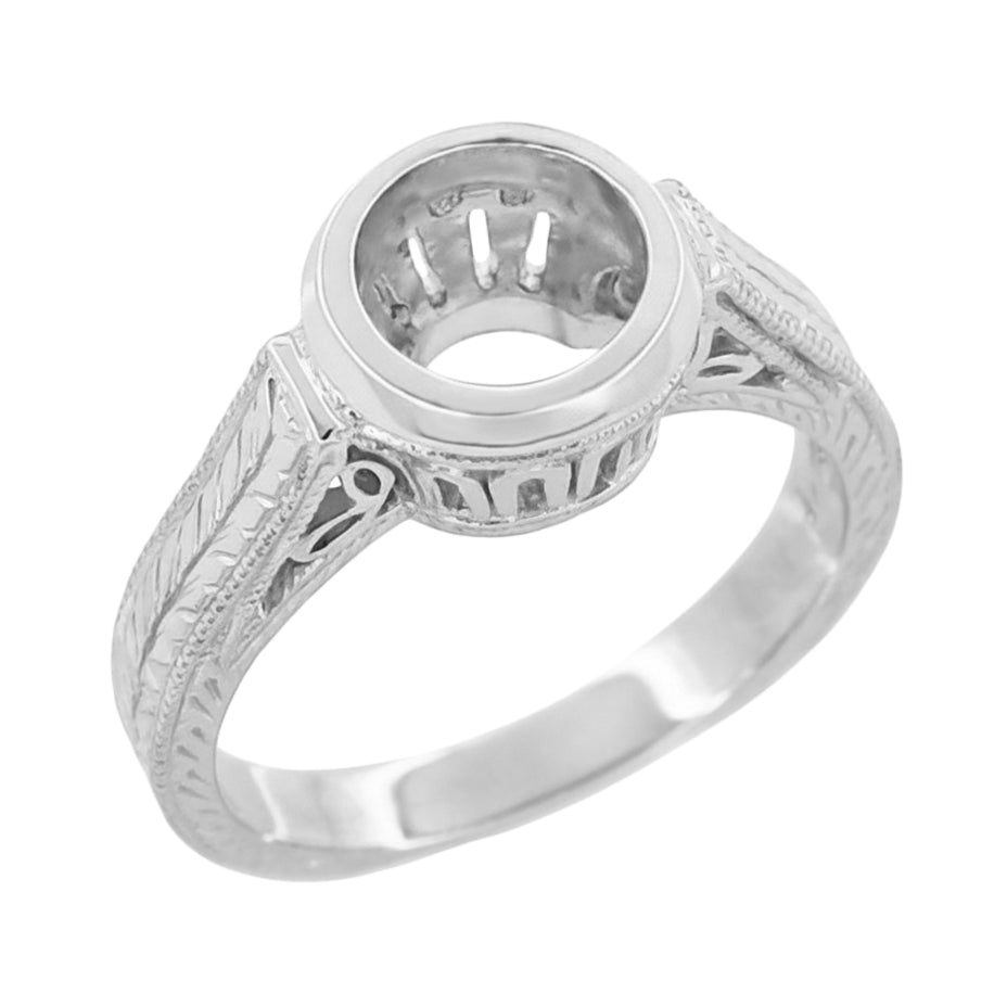 Art Deco Low Profile 1 Carat Vintage Bezel Setting for a Round Diamond in White Gold - 6.5mm to 7mm - Filigree Carved Design - R306W1 