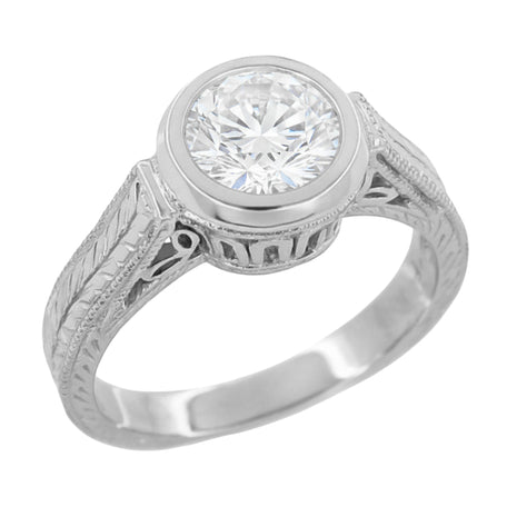 Art Deco 1 to 1.25 Carat Filigree Engraved Wheat Halo Bezel Engagement Ring Setting in White Gold | Low Profile