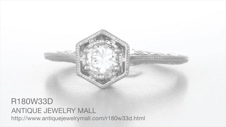 Art Deco Hexagonal Vintage Design Solitaire Diamond Filigree Engagement Ring in 14K White Gold - Engraved Scrolls - Item: R180W33D-LC - Image: 4