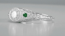 Art Deco Vintage Engraved Filigree Diamond Engagement Ring with Emerald Side Stones in 14 Karat White Gold