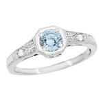 Art Deco Filigree Aquamarine and Diamond Engagement Ring in White Gold - 18K or 14K
