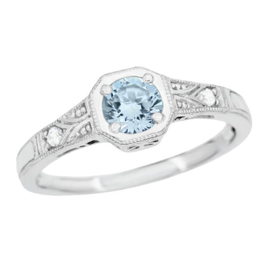 Art Deco Filigree Aquamarine and Diamond Engagement Ring in White Gold - 18K or 14K