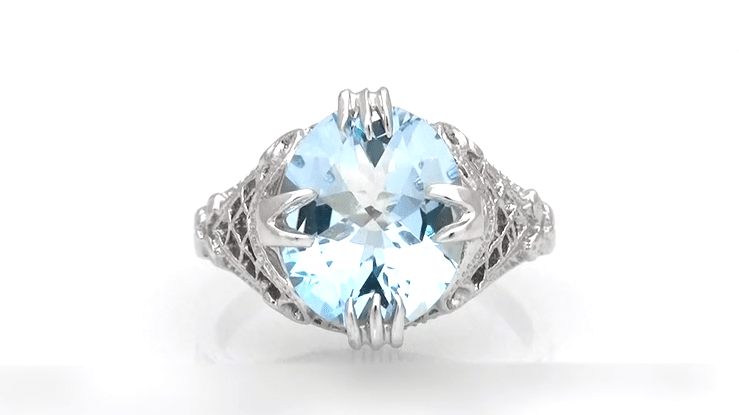 Art Deco Filigree Claw Prong Oval Blue Topaz Statement Ring in Sterling Silver - 4.75 Carats - Item: SSR157BT - Image: 5