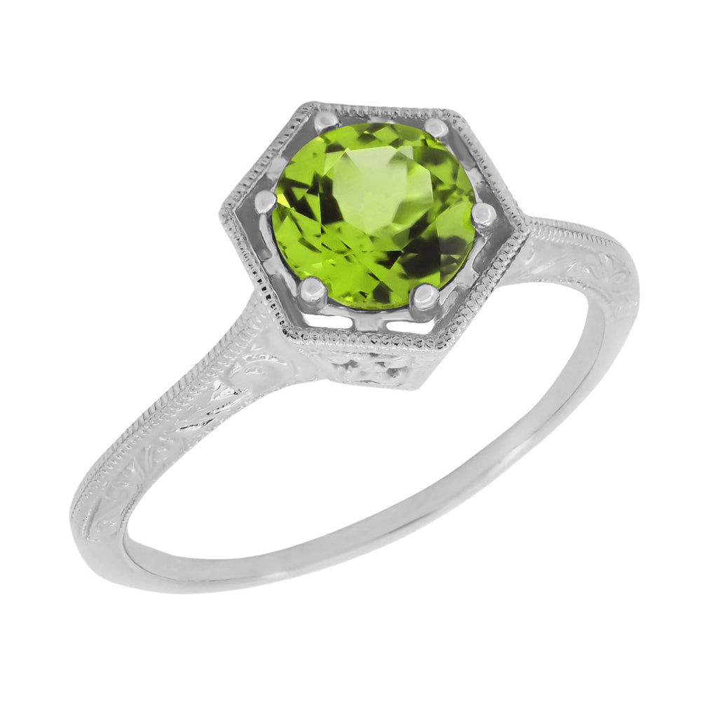 Hexagonal Filigree Art Deco Antique Peridot Ring in 14K White Gold - R180W75PER
