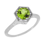 Hexagonal Filigree Art Deco Peridot Ring in 14 Karat White Gold