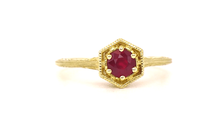 Art Deco Filigree Halo Hexagon Ruby Ring in 14K Yellow Gold - July Birthstone - Item: R180Y33R - Image: 5