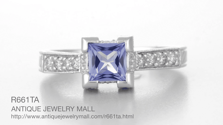 Art Deco 1/2 Carat Princess Cut Lilac Tanzanite and Diamond Engagement Ring in 18 Karat White Gold - Item: R661TA - Image: 4