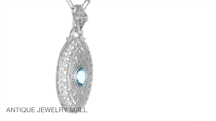 Art Deco Blue Topaz Filigree Oval Pendant Necklace in Sterling Silver - Item: N148BT - Image: 6