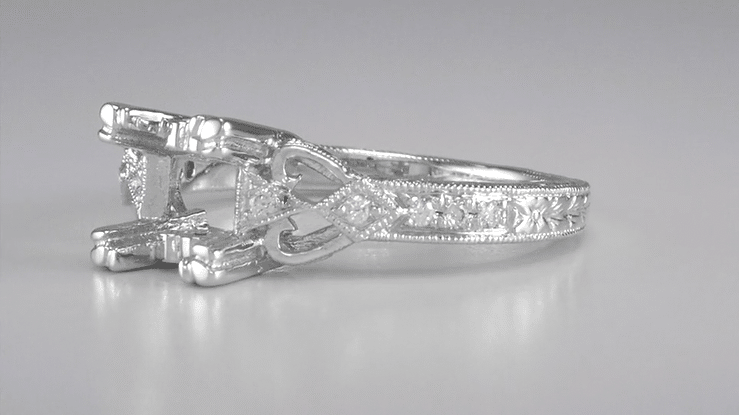 Art Deco Antique Style Loving Hearts Engraved Engagement Ring Mounting for a 1 Carat Round or Princess Cut Diamond in White Gold - 14K or 18K - Item: R459W1K14-LC - Image: 5