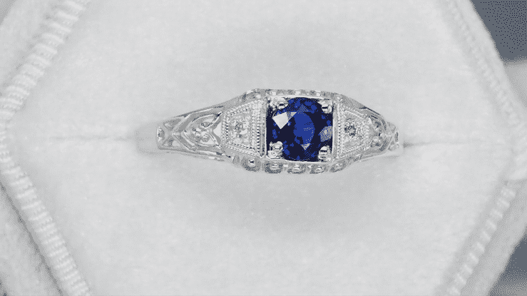 Art Deco Sapphire Filigree Engagement Ring with Side Diamonds  in 14 Karat White Gold - Item: R228 - Image: 4