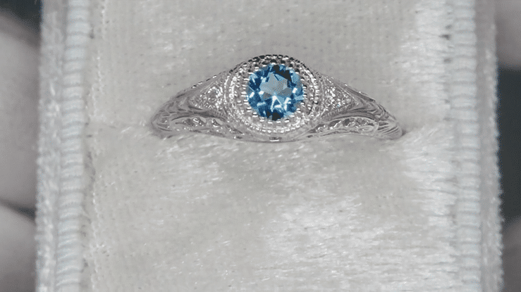 Art Deco Engraved Aquamarine and Diamond Filigree Engagement Ring in Platinum - Item: R138PA - Image: 6