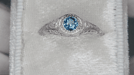Art Deco Engraved Aquamarine and Diamond Filigree Engagement Ring in Platinum