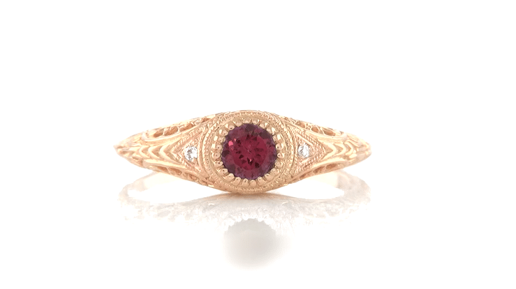 Art Deco Rhodolite Garnet and Diamonds Engraved Filigree Engagement Ring in 14 Karat Rose ( Pink ) Gold - Item: R138RG - Image: 6