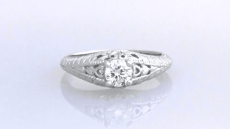 Art Deco Hearts and Diamonds Domed Filigree Engagement Ring in White Gold - Item: R627WD10K-LC - Image: 6