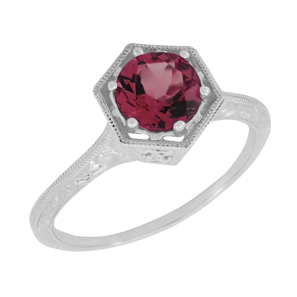 Art Deco Antique Style Filigree Hexagonal 1.20 Carat Rhodolite Garnet Engagement Ring in 14K White Gold