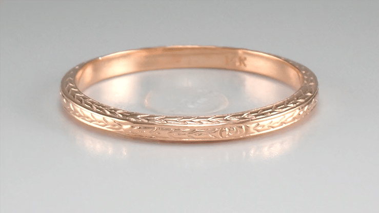 Art Deco Thin Wedding Band in 14 Karat Rose Gold with Wheat Engraving on Three Sides - 2.3mm Wide - Item: MWR109R - Image: 3