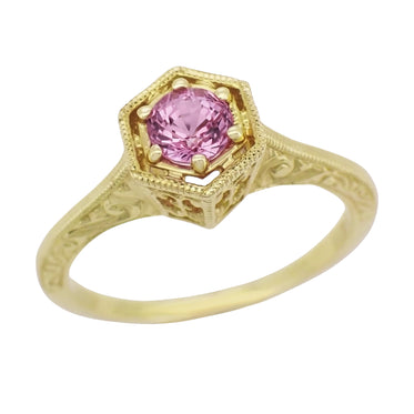 Art Deco 14 Karat Yellow Gold Pink Sapphire Hexagon Filigree Engagement Ring