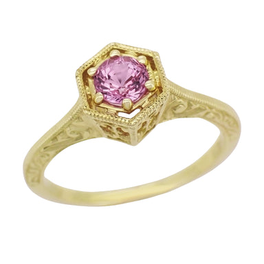 Art Deco 14 Karat Yellow Gold Pink Sapphire Hexagon Filigree Engagement Ring