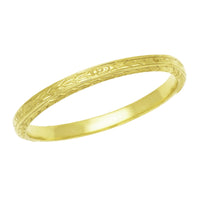 Art Deco Yellow Gold Thin Wedding Band with Wheat Engraving on Three Sides - 2.3mm Wide