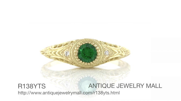 Art Deco Engraved Yellow Gold Tsavorite Garnet Filigree Engagement Ring with Side Diamonds - Item: R138YTS14 - Image: 6
