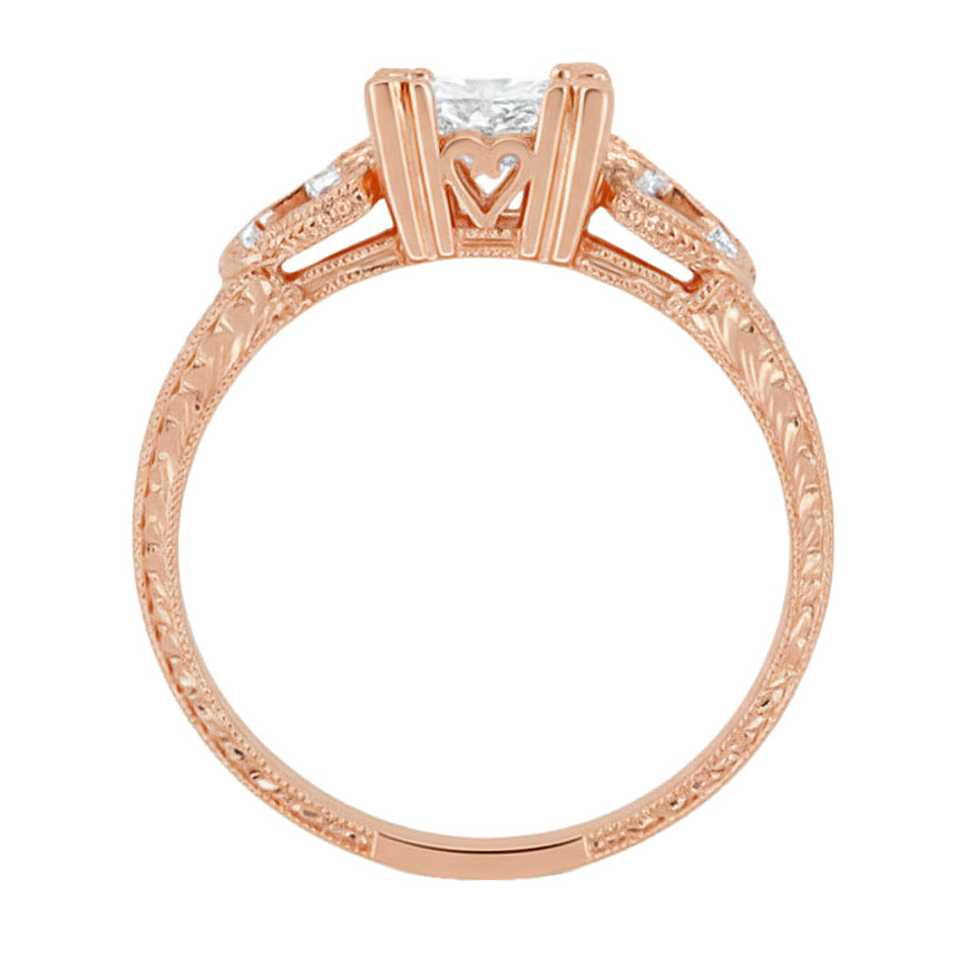 Rose Gold Loving Hearts 1 Carat Princess Cut Diamond Vintage Inspired Engraved Art Deco Engagement Ring - Item: R459R1D-LC - Image: 2