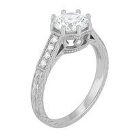 Royal Crown Antique Style Engraved White Gold Engagement Ring Setting for a 1 - 1.25 Carat Round Diamond