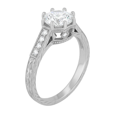 Art Deco White Gold Royal Crown Engraved Antique 1 Carat Engagement Ring Semimount with a Diamond - 14K or 18K - R460W1