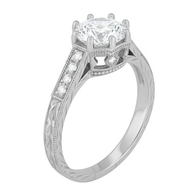 Art Deco White Gold Royal Crown Engraved Antique 1 Carat Engagement Ring Semimount with a Diamond - 14K or 18K - R460W1