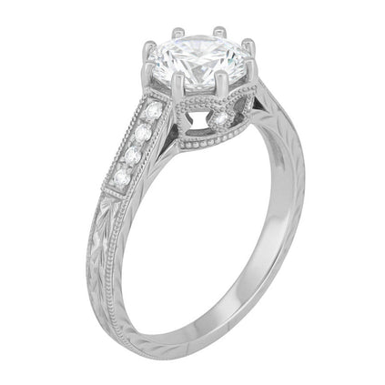 Royal Crown Antique Style Engraved White Gold Engagement Ring Setting for a 1 - 1.25 Carat Round Diamond