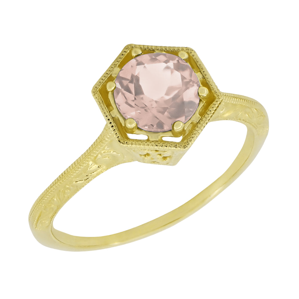 Art Deco Vintage Style Engraved Filigree Morganite Hexagon Ring in 14K Yellow Gold