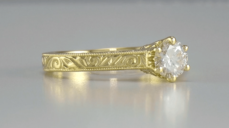 Art Deco Yellow Gold Vintage Carved Filigree Scrolls 1/2 Carat Crown Engagement Ring Setting - Item: R199Y50K14 - Image: 6