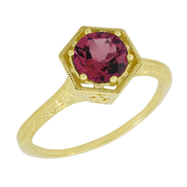 Art Deco 1.20 Carat Rhodolite Garnet Engraved Hexagon Filigree Engagement Ring in 14K Yellow Gold