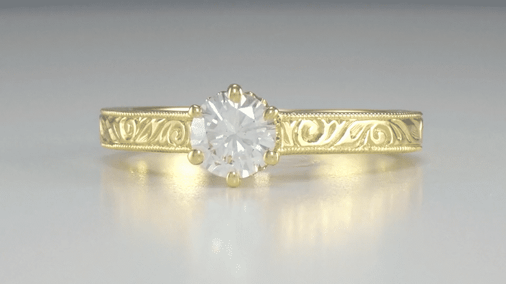Art Deco Yellow Gold Filigree Scroll Engraved Crown 1/2 Carat Solitaire Diamond Engagement Ring - Item: R199YD50K14-LC - Image: 6