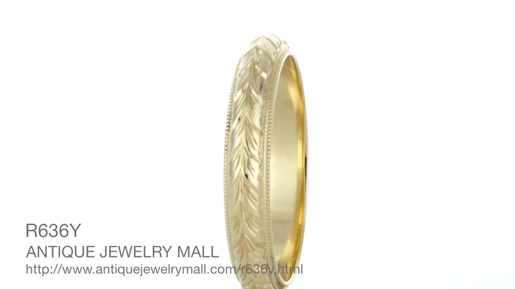 Art Deco Yellow Gold Millgrain Edged Hand Engraved Wheat Wedding Ring - 4mm Wide - Item: R636Y - Image: 6