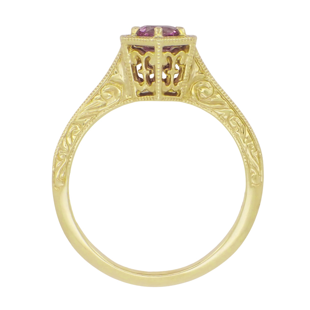 Art Deco 14 Karat Yellow Gold Pink Sapphire Hexagon Filigree Engagement Ring - Item: R180Y33PS - Image: 2
