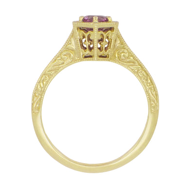 Art Deco 14 Karat Yellow Gold Pink Sapphire Hexagon Filigree Engagement Ring - alternate view