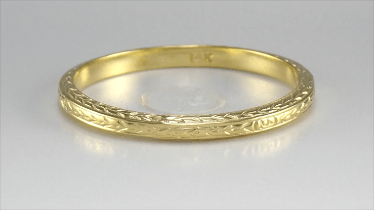Art Deco Yellow Gold Thin Wedding Band with Wheat Engraving on Three Sides - 2.3mm Wide - Item: MWR109Y10 - Image: 2