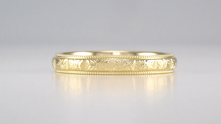 Art Deco Vintage Design Carved Dogwood Blossom Flowers Wedding Band in Yellow Gold - Item: R209Y10 - Image: 5