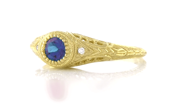 Art Deco Yellow Gold Low Dome Filigree Alexandrite Engagement Ring with Side Diamonds - Item: R138YAL - Image: 6