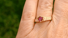 Art Deco Yellow Gold Vintage Reissue Filigree Ruby Engagement Ring with Side Diamonds